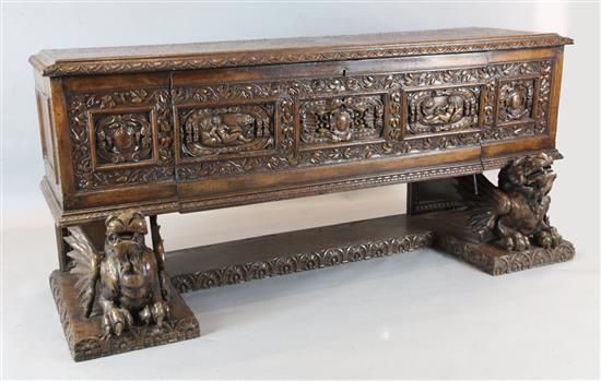 A late 19th century Continental 17th century style walnut and oak side cabinet, W.6ft 8in. D.2ft 3in. H.3ft